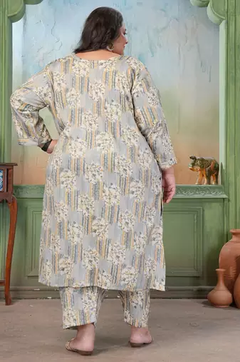 Grey rayon slub printed plus size kurta set