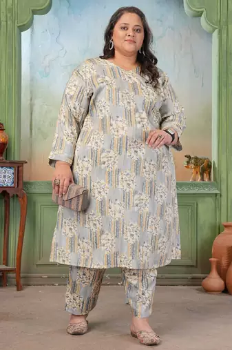 Grey rayon slub printed plus size kurta set