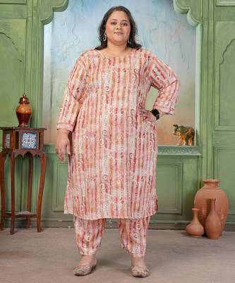 Maroon color rayon slub printed plus size kurta set for girls 1