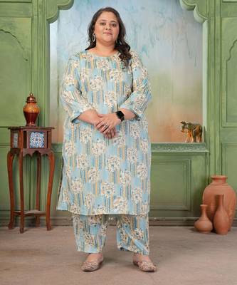 Blue color rayon slub printed plus size kurta set for girls 1