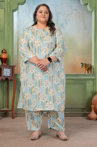 Blue color rayon slub printed plus size kurta set for girls