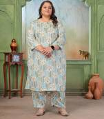 Blue color rayon slub printed plus size kurta set for girls