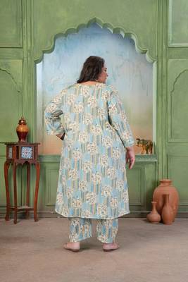 Blue color rayon slub printed plus size kurta set for girls 2