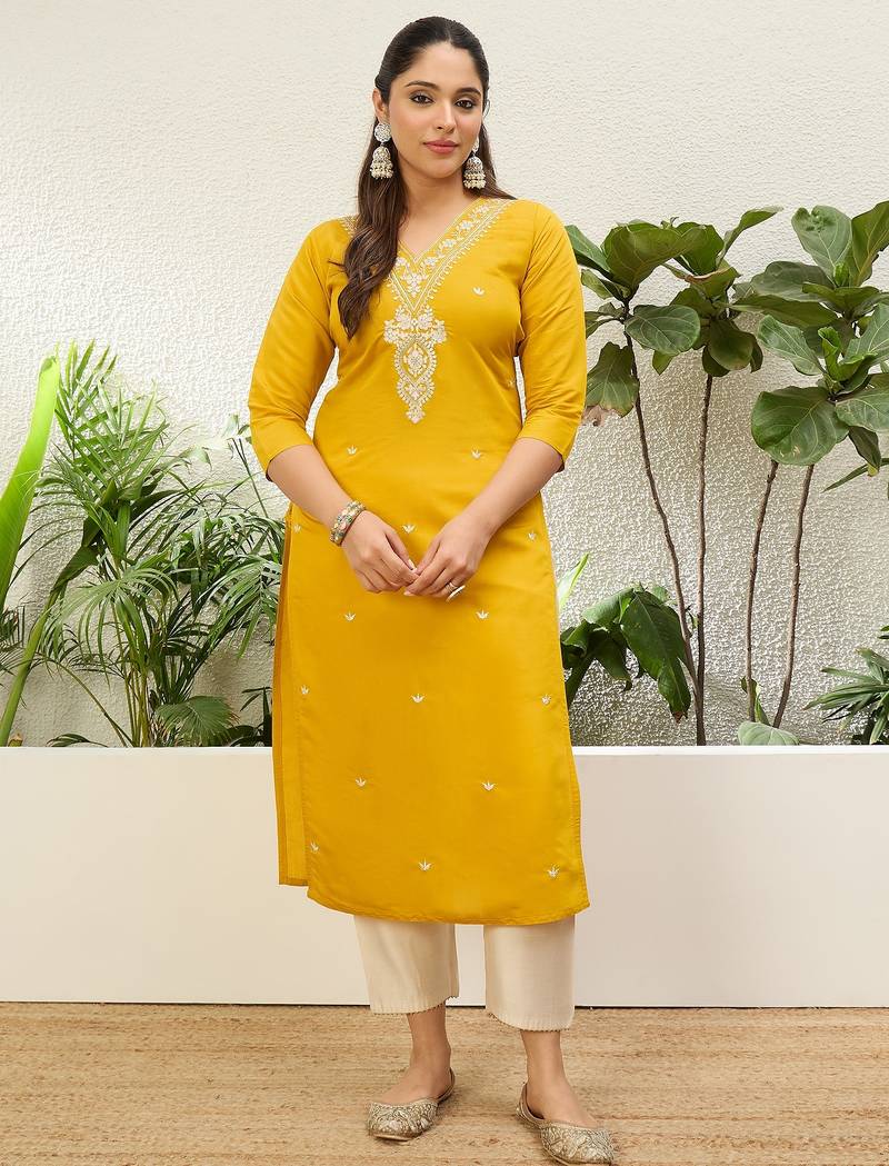 Yellow color silk blend embroidery long kurta