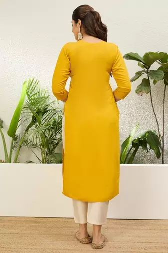 Yellow color silk blend embroidery long kurta