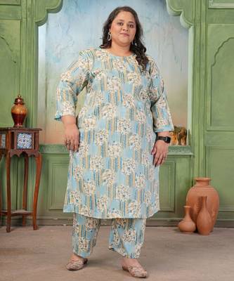 Blue color rayon slub printed plus size kurta set for girls 4