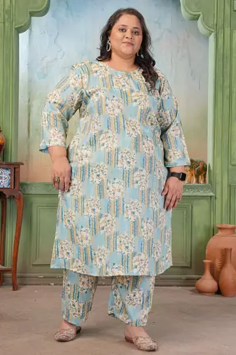 Blue color rayon slub printed plus size kurta set for girls