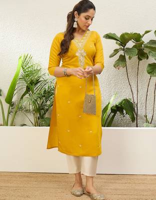 Yellow color silk blend embroidery long kurta 4