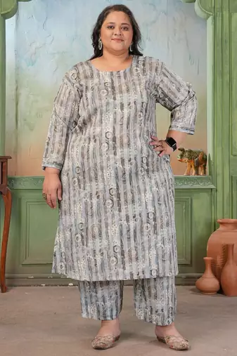 Grey color rayon slub printed plus size kurta set for girls