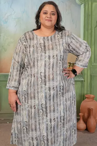 Grey color rayon slub printed plus size kurta set for girls