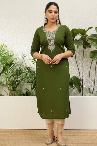Mahendi color silk blend embroidery long kurta