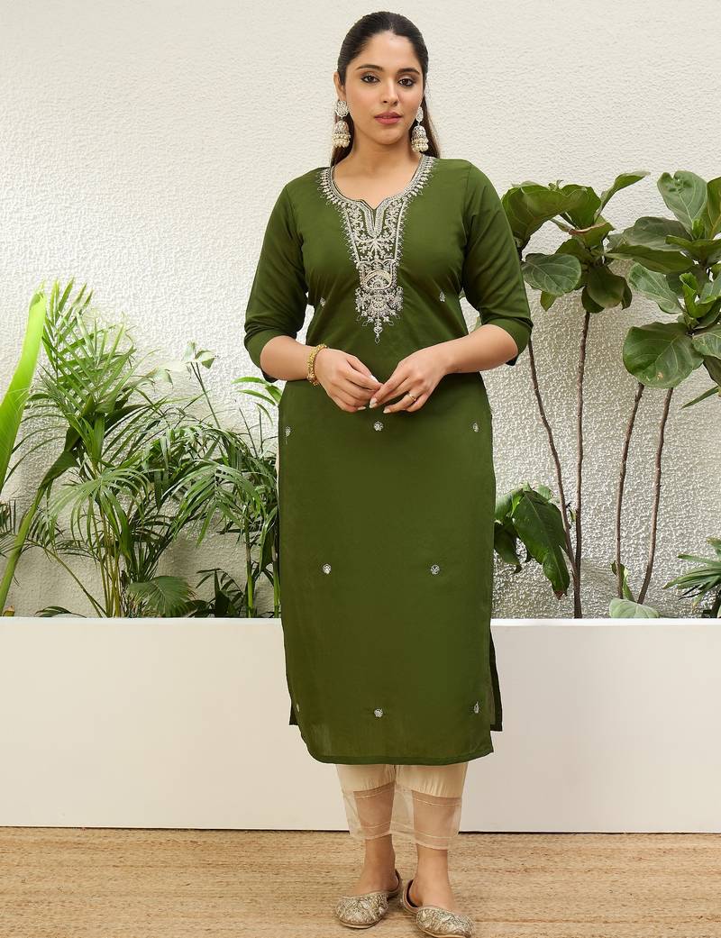 Mahendi color silk blend embroidery long kurta
