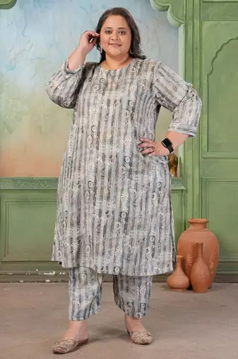 Grey color rayon slub printed plus size kurta set for girls
