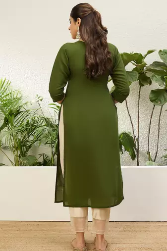 Mahendi color silk blend embroidery long kurta