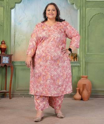 Pink color rayon slub printed plus size kurta set for girls 1