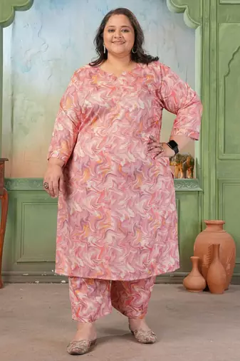 Pink color rayon slub printed plus size kurta set for girls