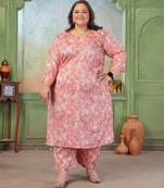 Pink color rayon slub printed plus size kurta set for girls