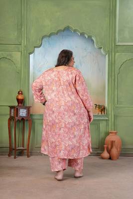 Pink color rayon slub printed plus size kurta set for girls 2