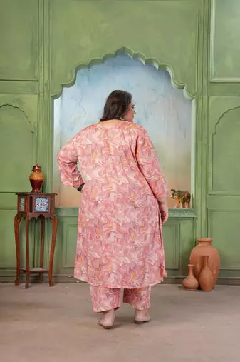 Pink color rayon slub printed plus size kurta set for girls
