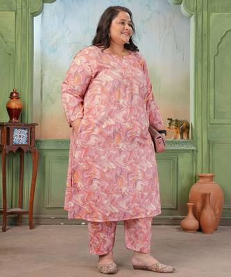 Pink color rayon slub printed plus size kurta set for girls 4