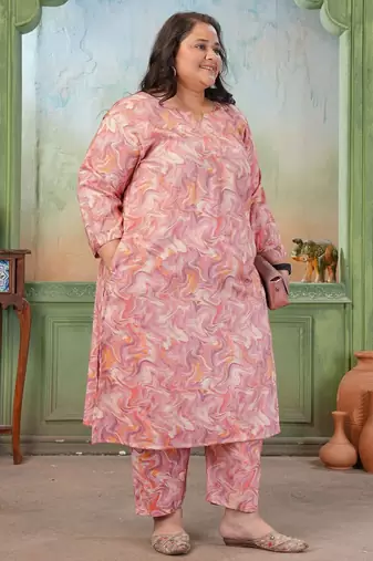 Pink color rayon slub printed plus size kurta set for girls