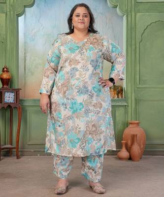 Sea green color rayon slub printed plus size kurta set for girls 1