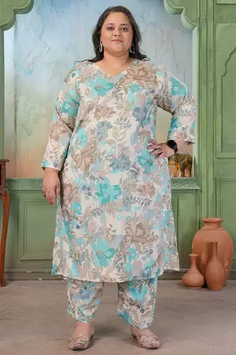 Sea green color rayon slub printed plus size kurta set for girls