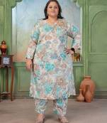 Sea green color rayon slub printed plus size kurta set for girls