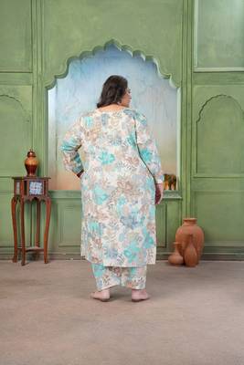 Sea green color rayon slub printed plus size kurta set for girls 2