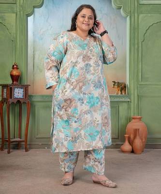Sea green color rayon slub printed plus size kurta set for girls 4