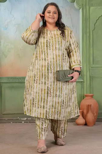 Green color rayon slub printed plus size kurta set for girls