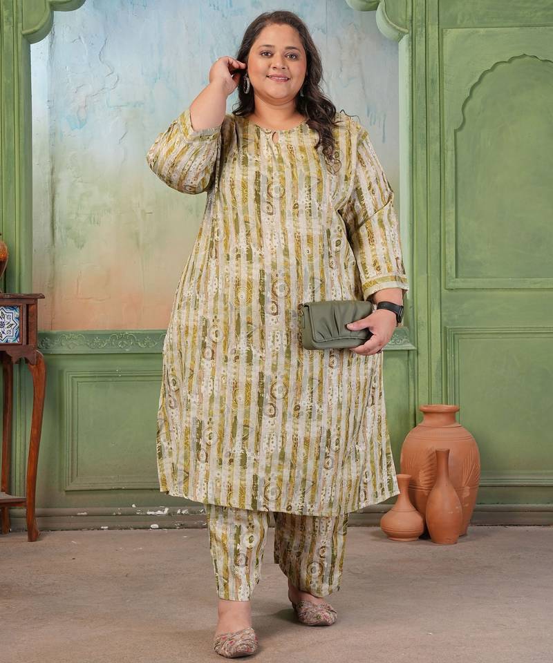 Green color rayon slub printed plus size kurta set for girls