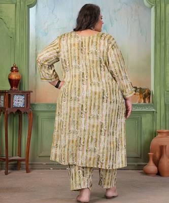 Green color rayon slub printed plus size kurta set for girls 2