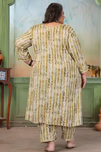 Green color rayon slub printed plus size kurta set for girls