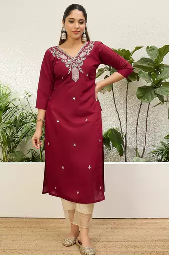 Cherry color silk blend embroidery long kurta