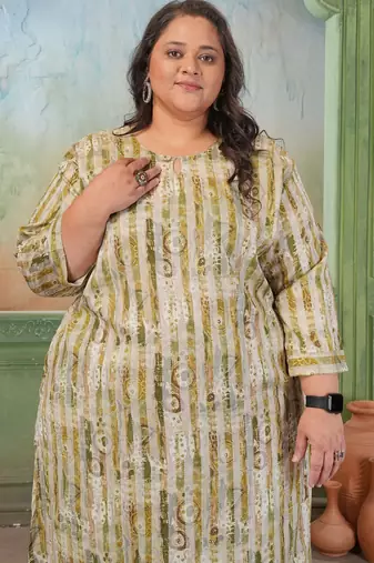 Green color rayon slub printed plus size kurta set for girls