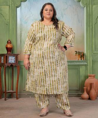 Green color rayon slub printed plus size kurta set for girls 4