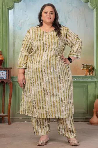 Green color rayon slub printed plus size kurta set for girls