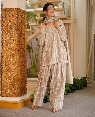 Cream color elegant cotton silk printed palazzo dress for festive season 1