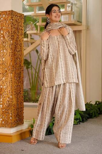 Cream color elegant cotton silk printed palazzo dress for festive season