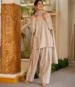 Cream color elegant cotton silk printed palazzo dress for festive season