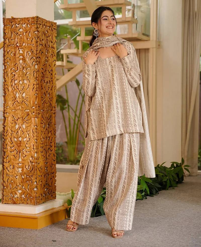 Cream color elegant cotton silk printed palazzo dress for festive season
