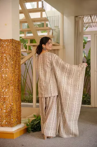 Cream color elegant cotton silk printed palazzo dress for festive season