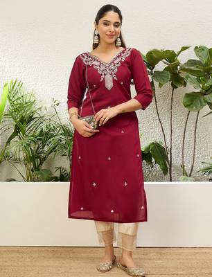Cherry color silk blend embroidery long kurta 4