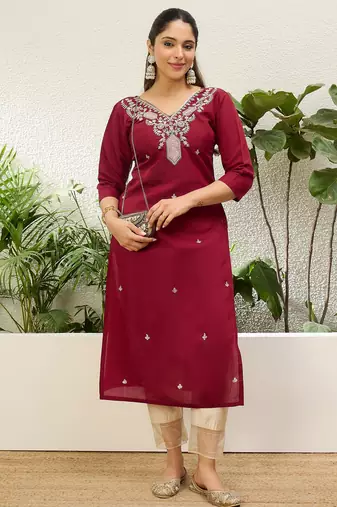 Cherry color silk blend embroidery long kurta