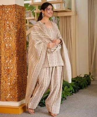 Cream color elegant cotton silk printed palazzo dress for festive season 5