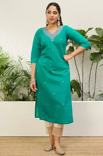 Rama color silk blend embroidery long kurta