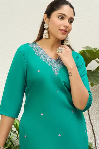 Rama color silk blend embroidery long kurta