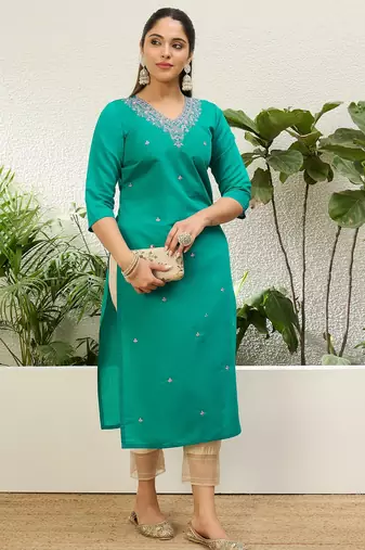 Rama color silk blend embroidery long kurta