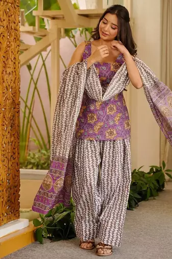 Purple color elegant cotton silk printed palazzo dress for festive season